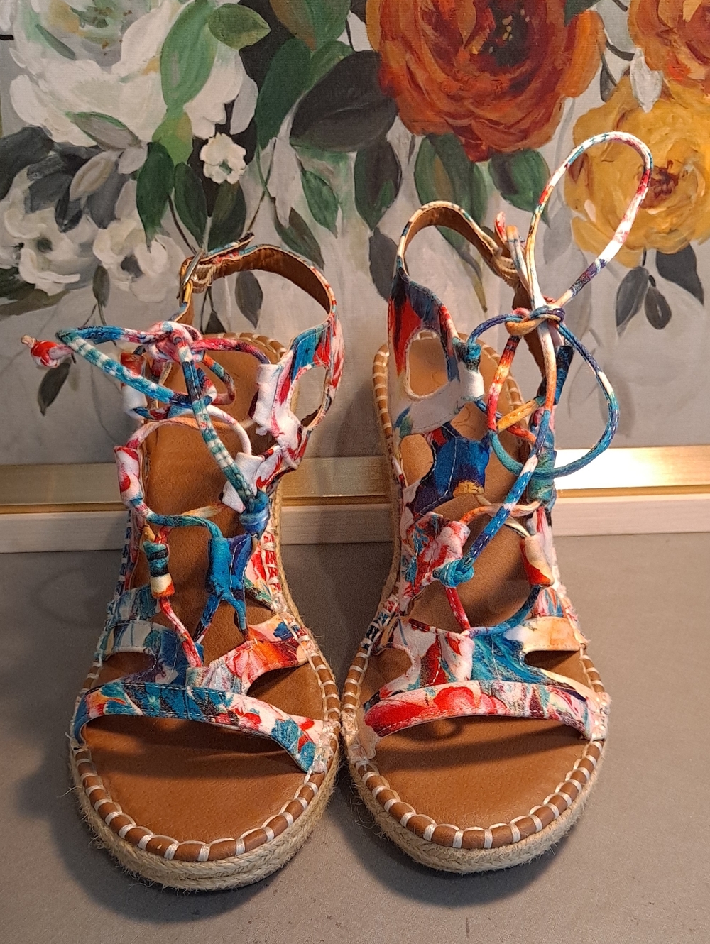 Sugar Hula Multicolor Floral Strappy Lace-Up Espadrille Jute Wedge Sandals